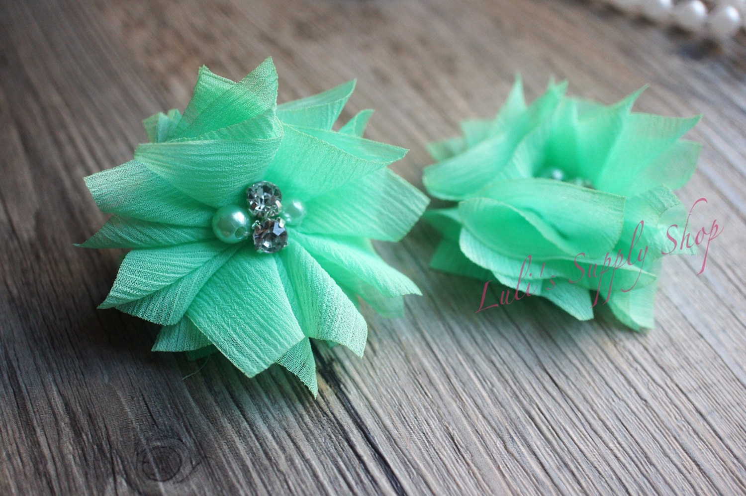 Set of 2 Seafoam Green Chiffon Beaded Flowers 3
