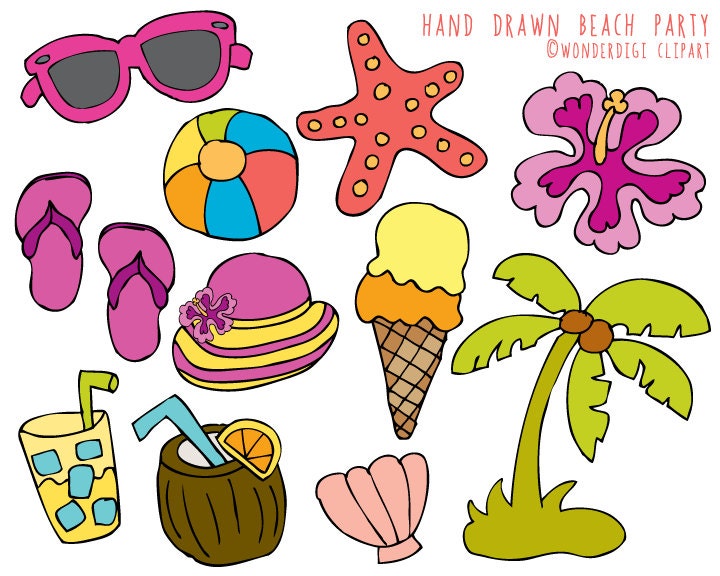 Beach Clipart Hand Drawn Clip art Beach Party by wonderdigi