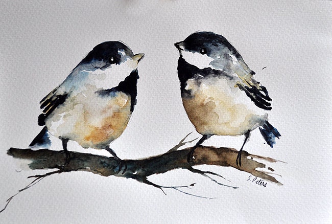 ORIGINAL Watercolor Painting Chickadee Birds in Neutral Colors