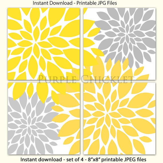 Yellow Gray Flower Burst Wall Art Blossoms Botanical Yellow