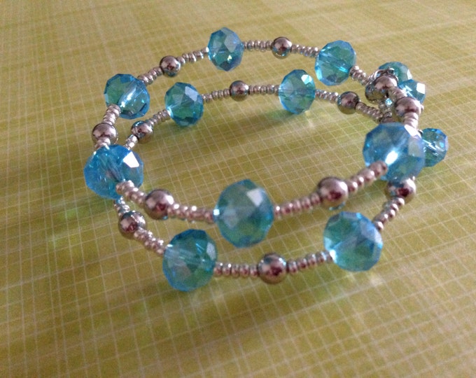 clearance! light blue crystal and silver beaded memory wire cuff bracelet