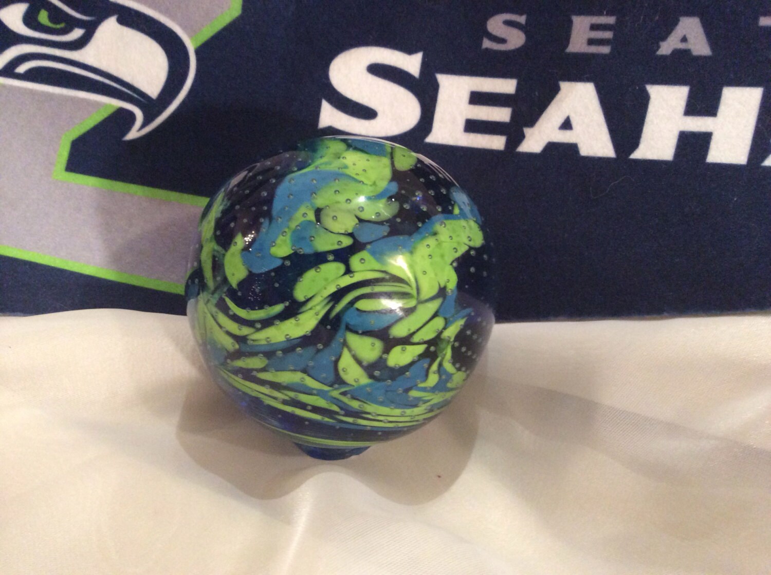 Seattle Seahawks Hand Blown Glass Paperweight. 12th by MoltenColor