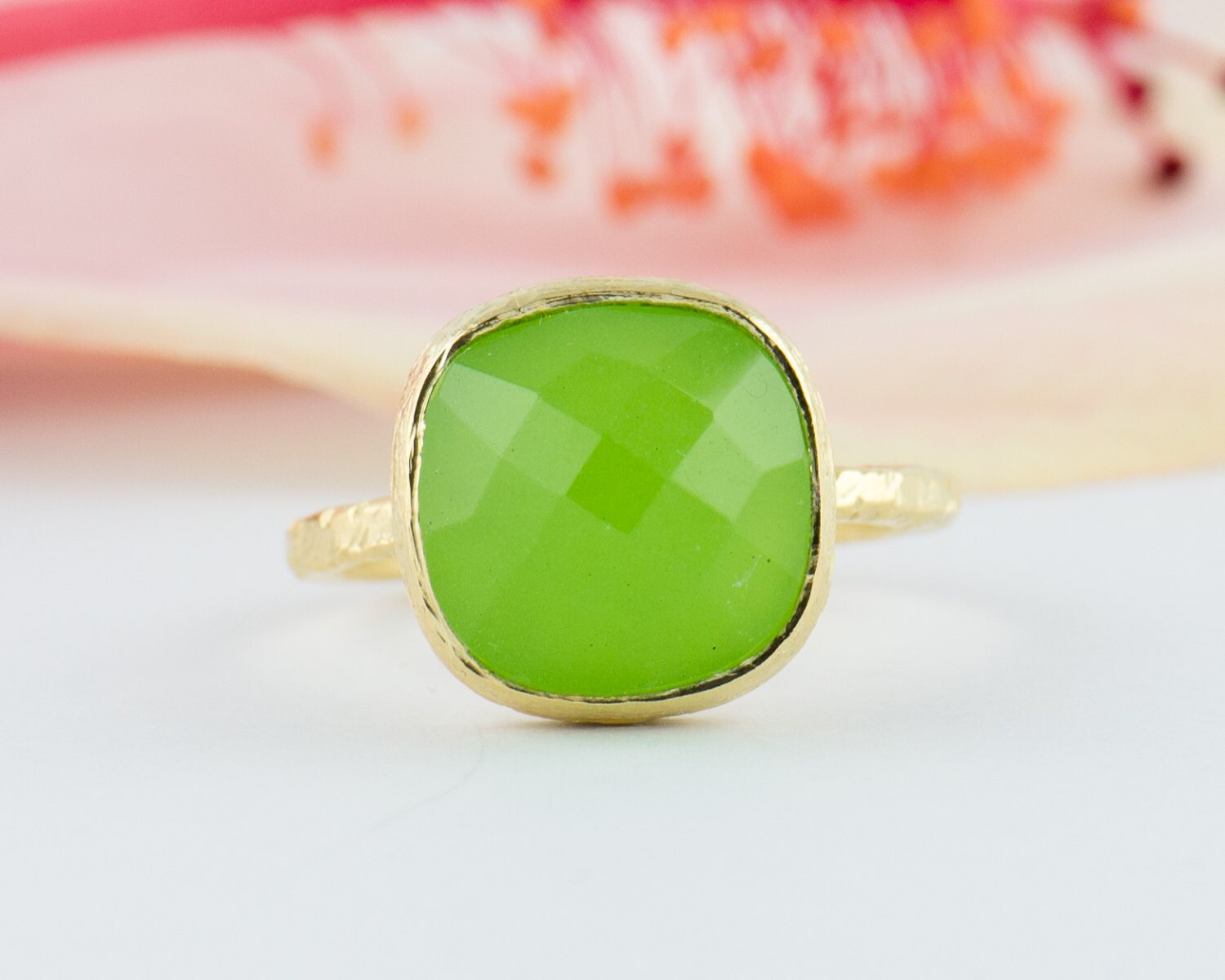 Lime Green Quartz Gemstone 18K Vermeil Gold Ring Lime