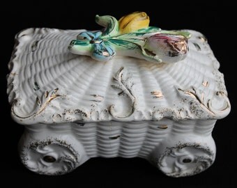 Vintage Tilso Hand Painted Japan Porcelain Box, White with Flowers and Gold Accent, Jewelry Box, Trinket Casket Cart Wagon