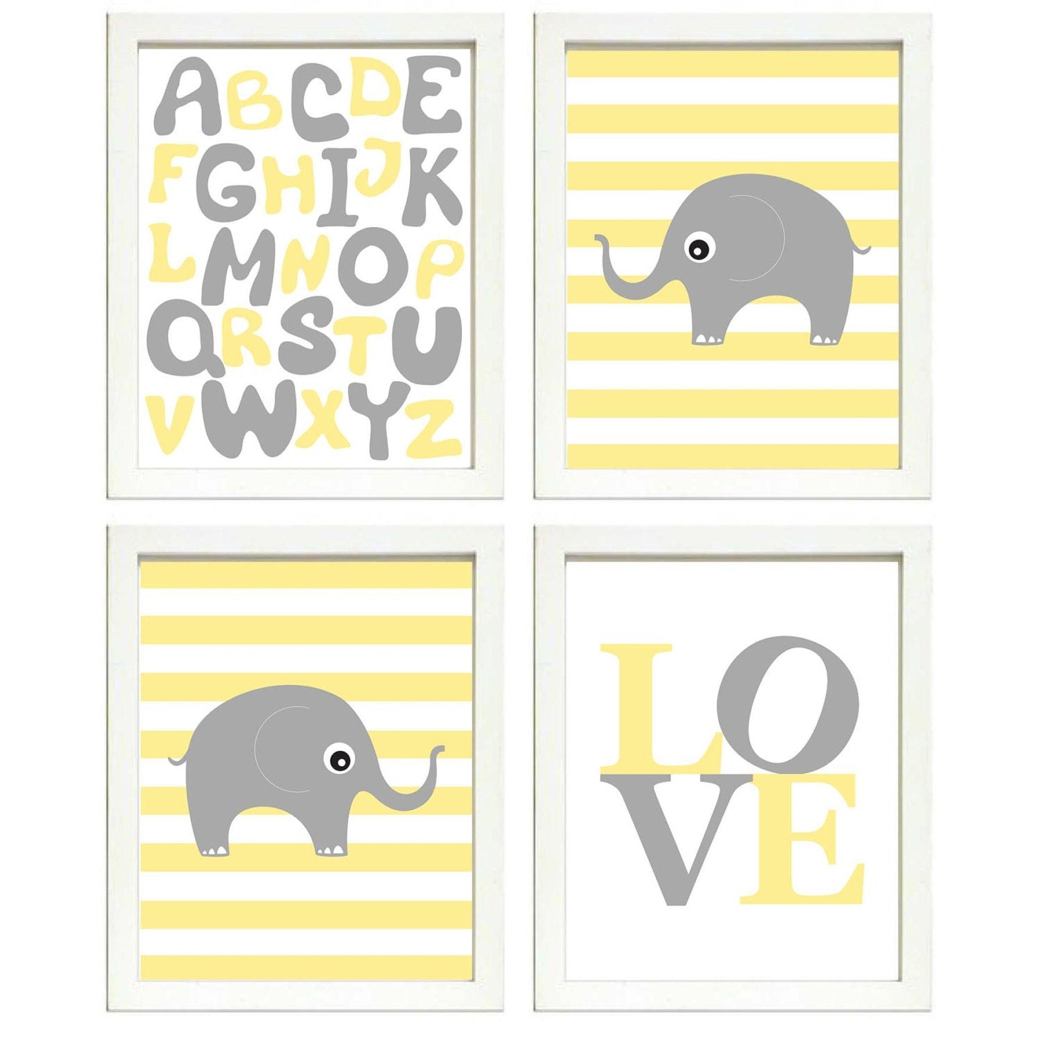 Elephant Nursery Art Set of 4 Prints Grey Yellow Stripes LOVE Alphabet ABC Child Kids Room Wall Deco