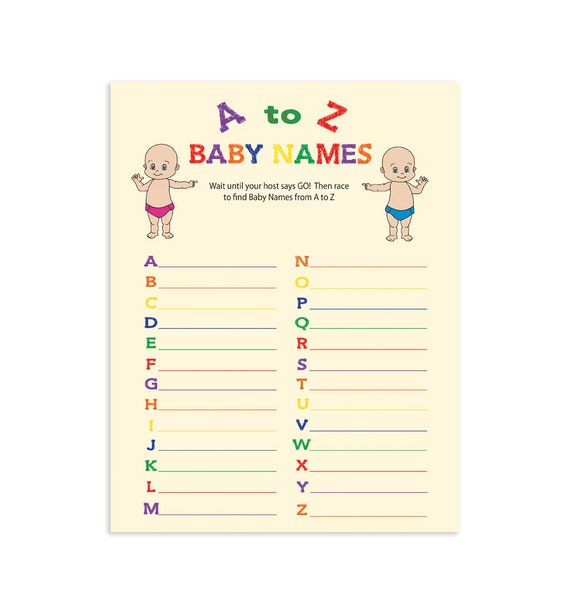 Printable Baby Shower Game A to Z Baby Names