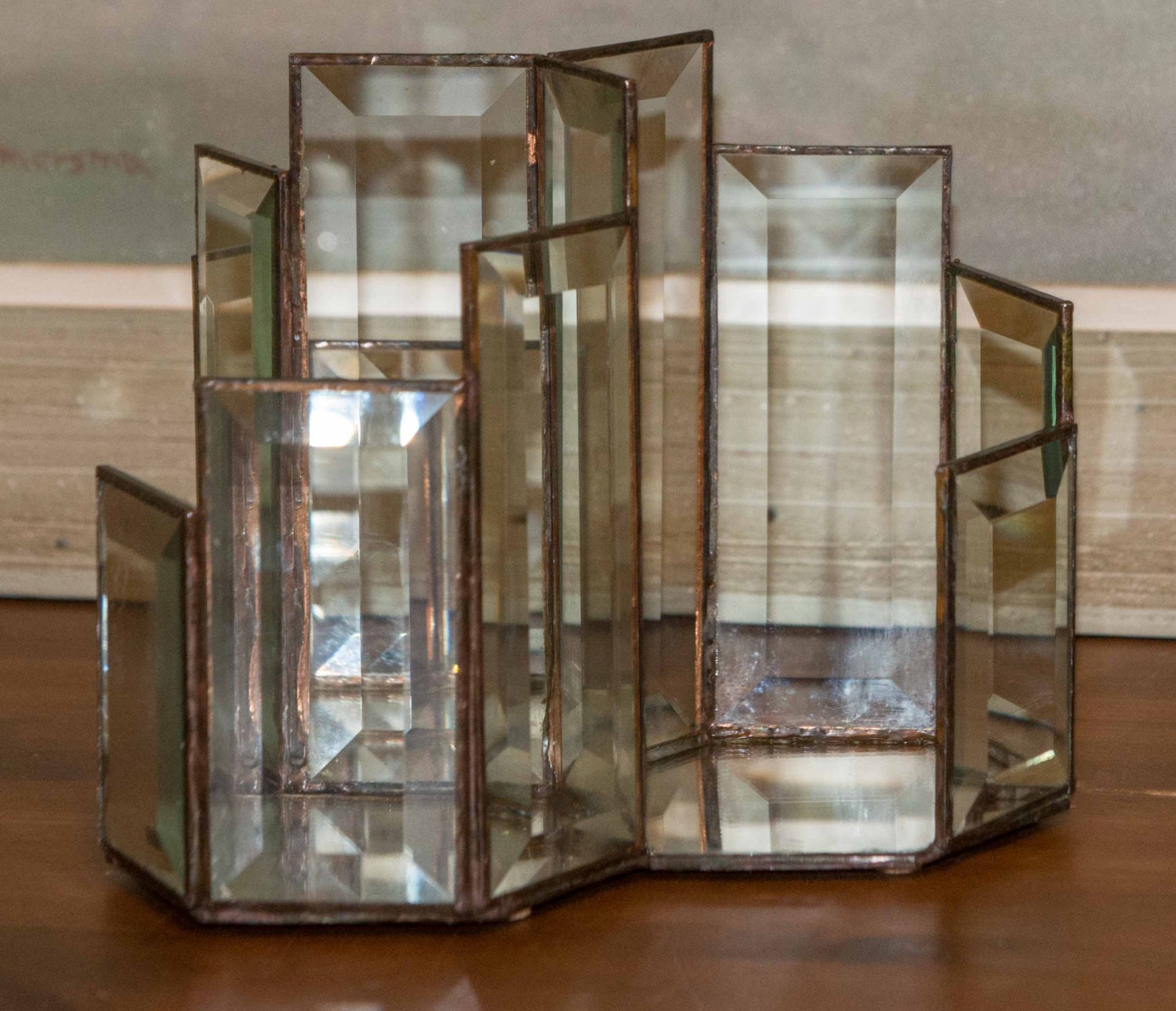 Beveled Glass Leaded Glass Candle Holder Tabletop Display