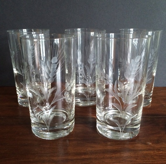 Set of 5 Vintage Etched Juice Glasses Cocktail Glasses