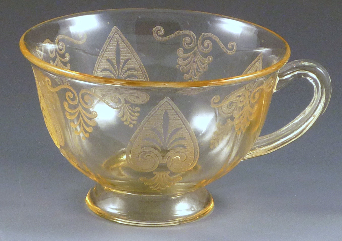 Fostoria Trojan Etched Topaz Yellow Footed Fairfax Cup