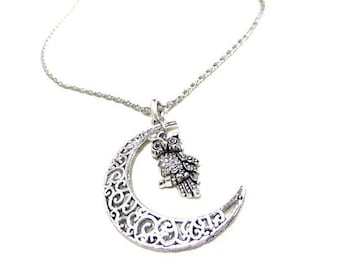 SALE! Silver Moon and Owl Necklace, Crescent Moon Necklace, Silver Owl Necklace, Night Owl Necklace, Gift, Owl Lovers Gift, Silver Moon,Owls