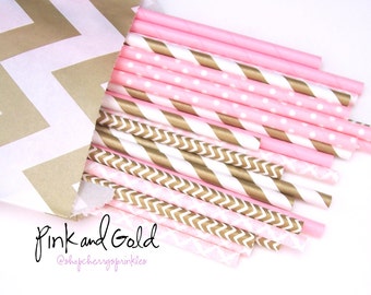 Pink and Gold party decor - Pink Paper Straws - Pink and Gold Baby Shower -Dessert Table Decorations - Wedding Shower - Bridal Shower Decor