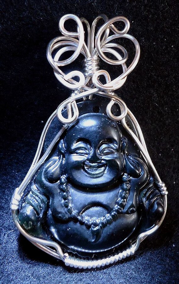 Hand Carved Buddha Pendant, Wire Wrapped Pendant, Wire Wrapped Jewelry