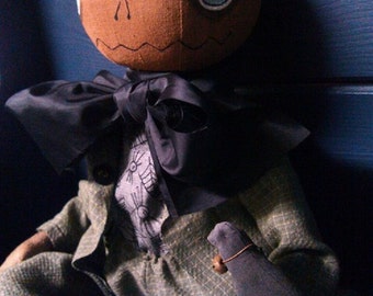 Sweet Mister Pumpkinhead and Crow- Primitive Folk Art Doll