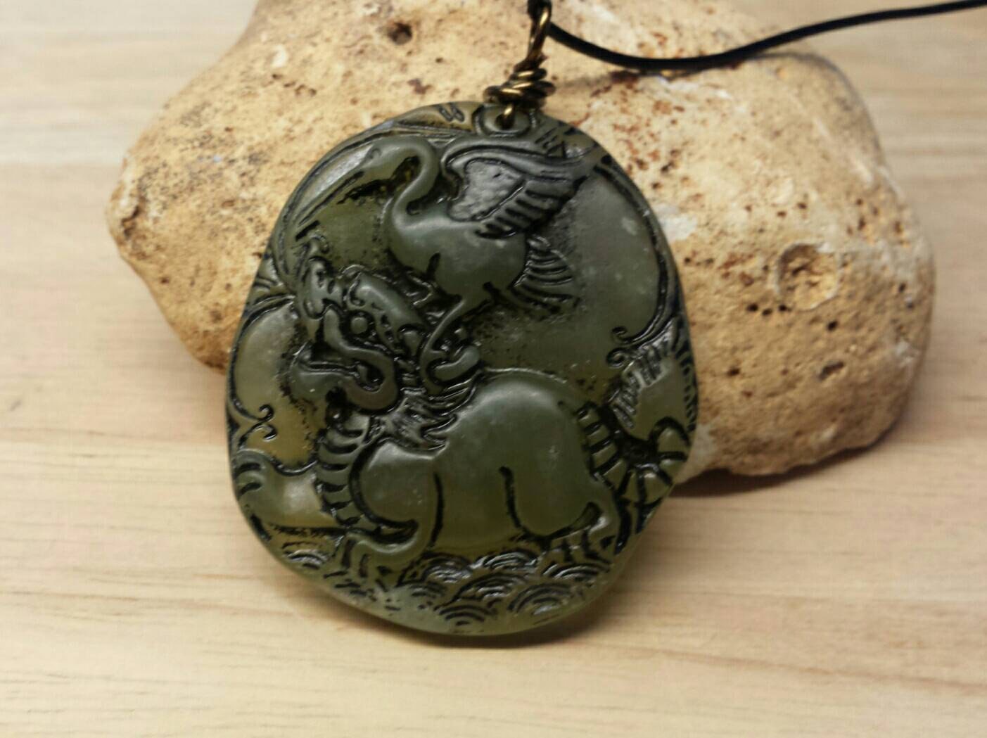Mens necklace. Carved Jade pendant. Longevity pendant. Chinese