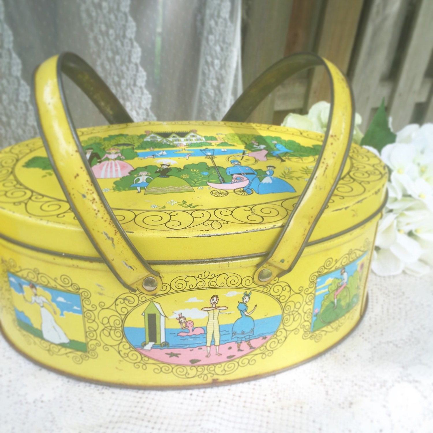 Mid Century Yellow decorative Tin basket pail by