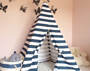 Kids Teepee Tent Navy Stripe - Childrens teepee, boy teepee, play teepee, play teepee, nursery decor, boys room, nautical nursery, tipi tent