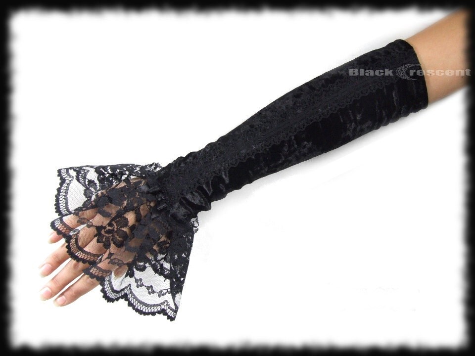 Pair long black gothic velvet gloves black lace arm warmers