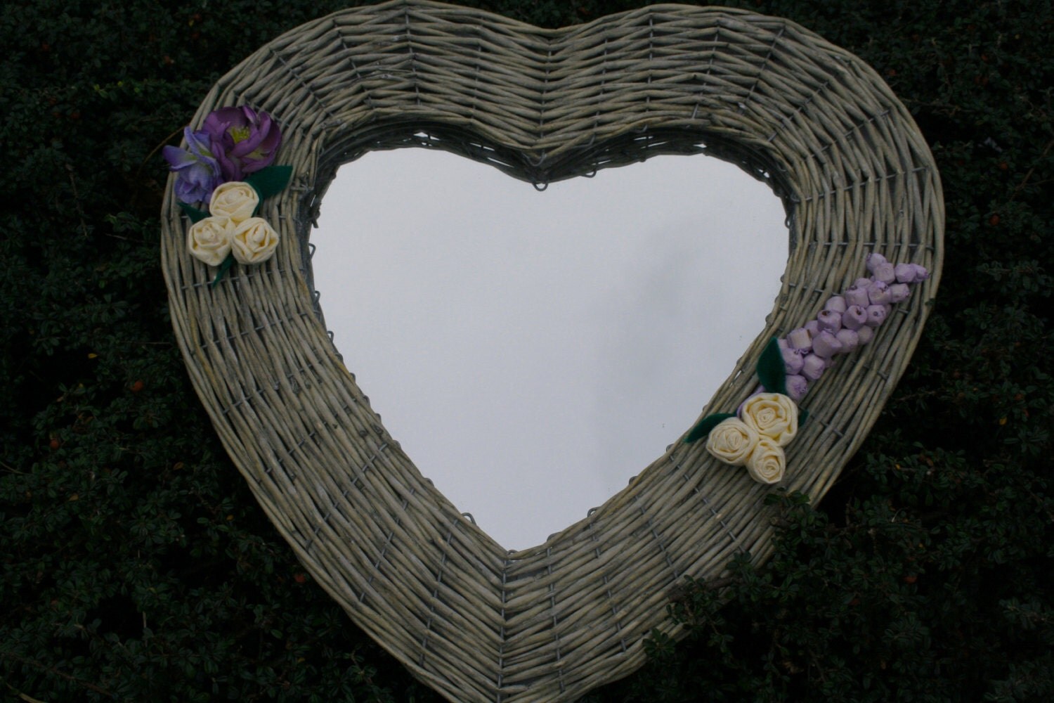 Heart Shaped Wicker Mirror decorated with handmade flowers