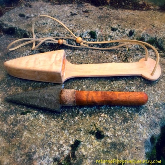 Obsidian Flint Knapped Knife With Koa Wood Handle And Koa Wood