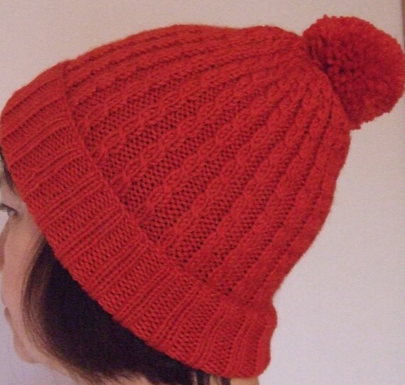 pom cable hat knit pattern pom hand pom with cabled chilli Children's rich in red. Wool hat knit pom