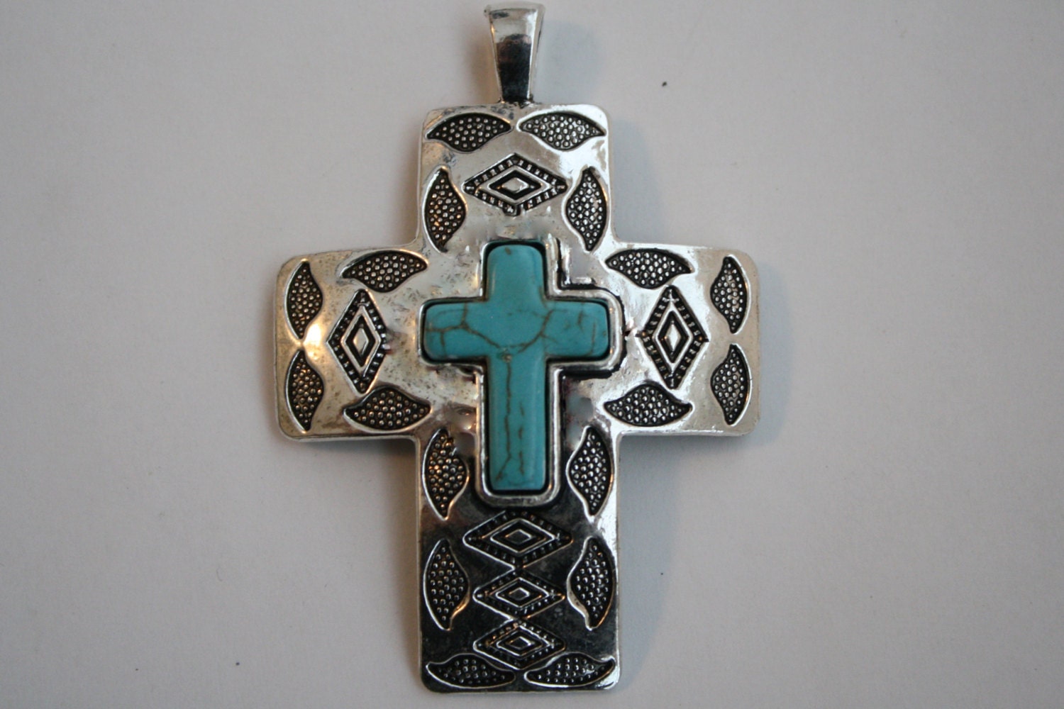 Cross Pendant Antique Silver with Turquoise by IrenesBeadStore