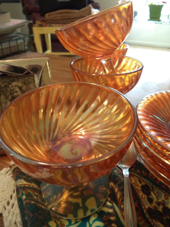 Carnival glass set of dessert dishes and by OnConcordPond on Etsy