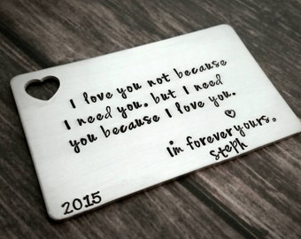 Wallet insert, hand stamped wallet card, custom wallet insert, personalized wallet card, personalized message, love note, men's gift