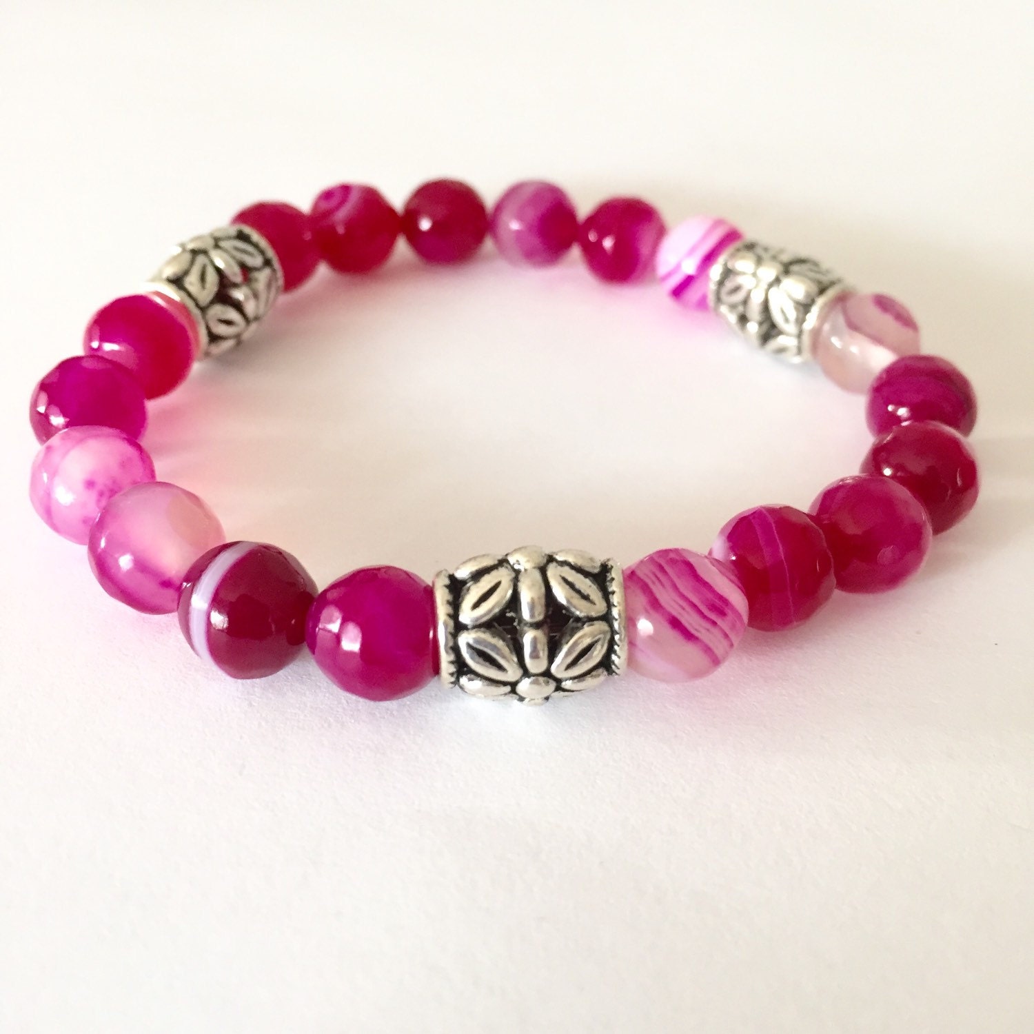 Pink bead bracelet Raspberry/fuchsia Pink agate beaded