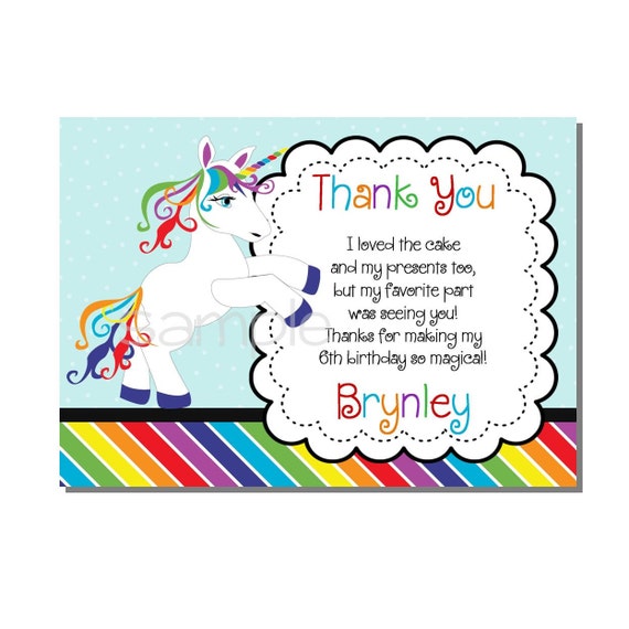 rainbow unicorn thank you card birthday party digital or
