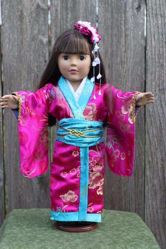 18" doll Japanese Kimono Outfit fits American Girl and Dolly and Me includes wooden shoes and flower barrette