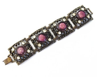 Chunky Vintage Textured Wide Copper Bracelet With Foiled Art Glass Stones