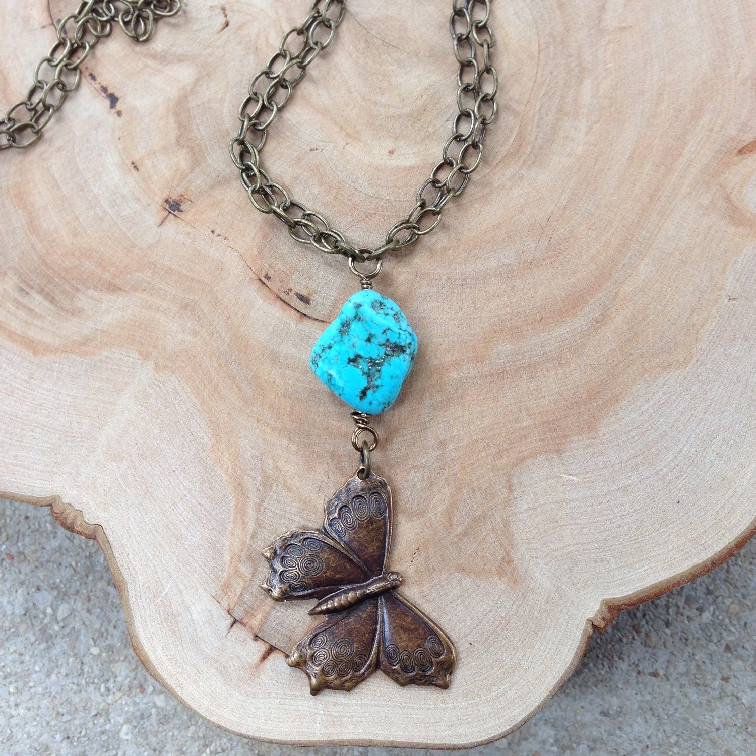 Turquoise Butterfly Necklace // Mixed Metals // Bronze & Gold