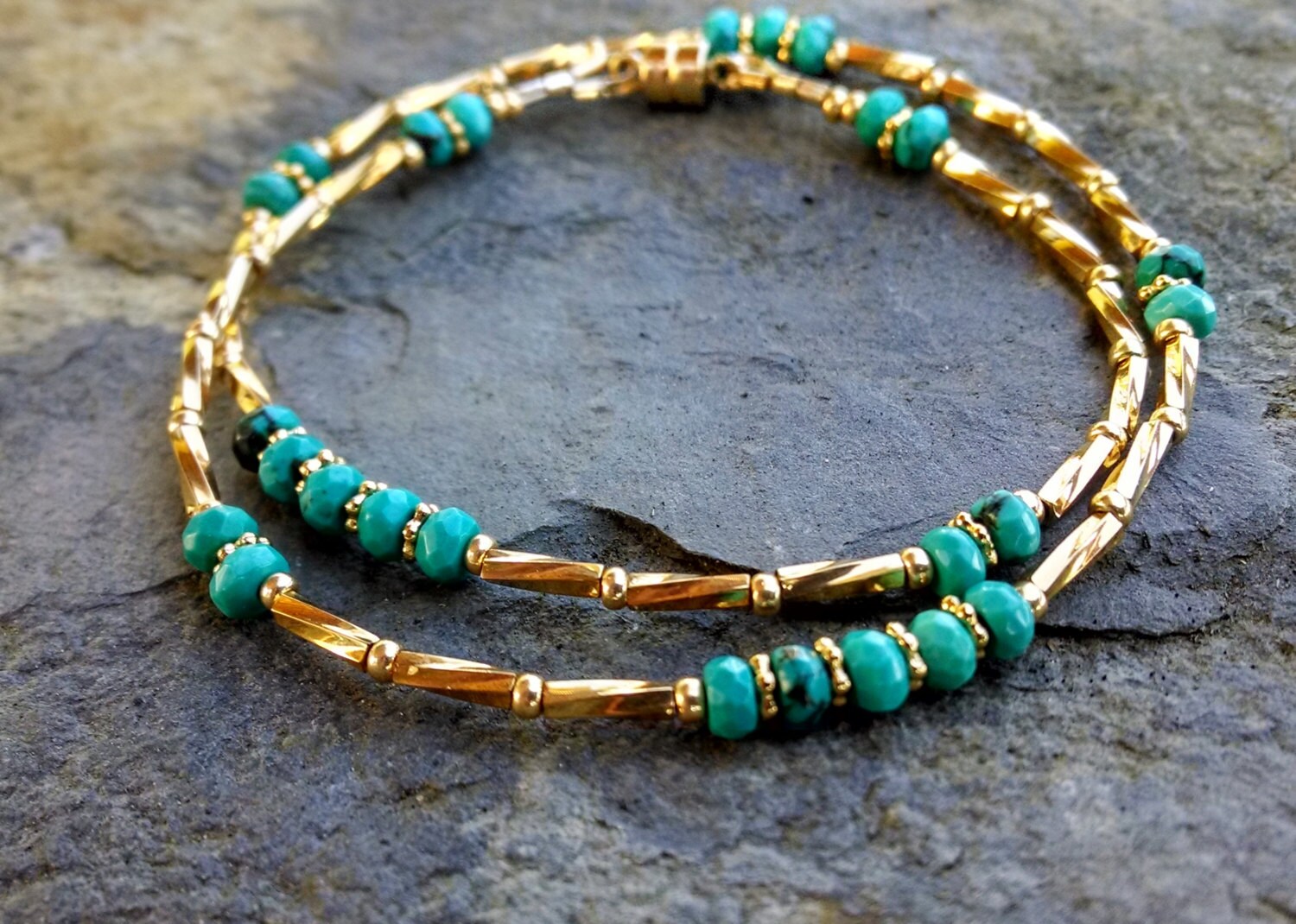 Turquoise and gold wrap bracelet boho chic by TamDavisDesigns
