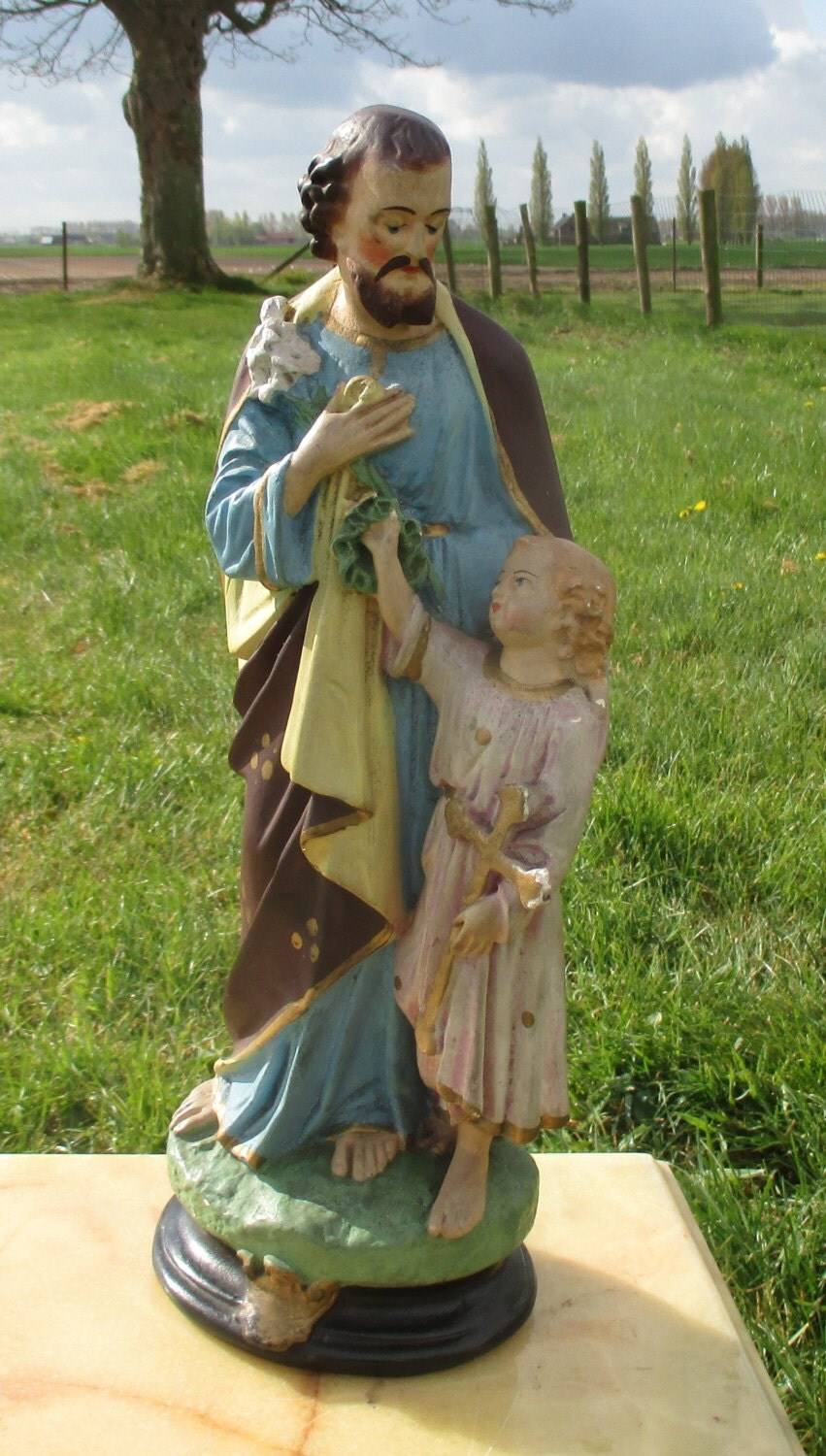 Antique Chalkware Saint Joseph Jesus Statuette Painted Plaster