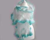 Nuno Felted Scarf Felt Flower Shawl Chiffon Silk White Mint art scarf merino wool