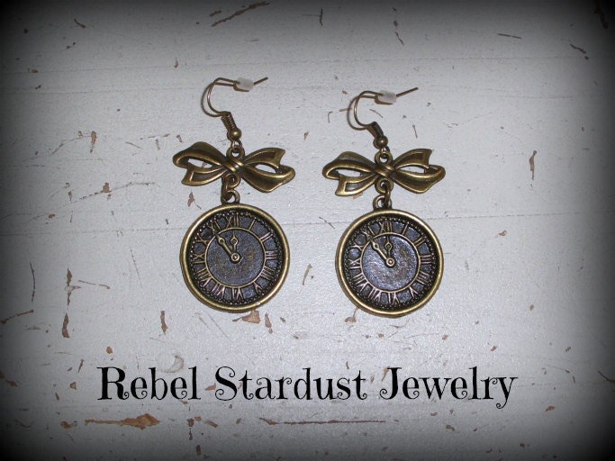 Bronze Steampunk / Alice In Wonderland clock earrings with cute butterfly bow