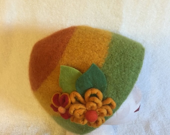 Womens orange, yellow and sage green wool felted hat with flowers and leaves