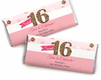 Sweet 16 Custom Candy Bar Wrappers - Personalized Birthday Party Favors - 24 Count
