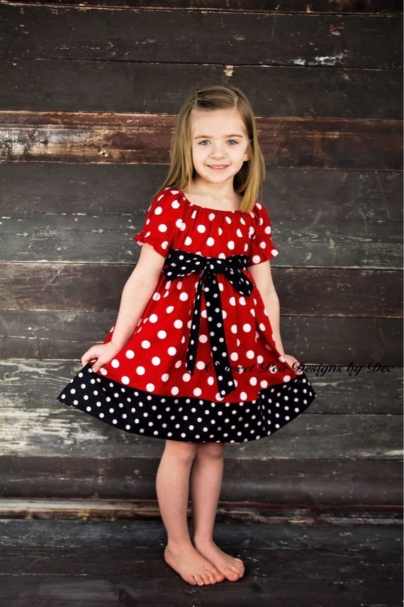 Mouse dress, theme birthday party dress, red and white polka dot dress, peasant dress toddler dress, girls dress,vacation dress