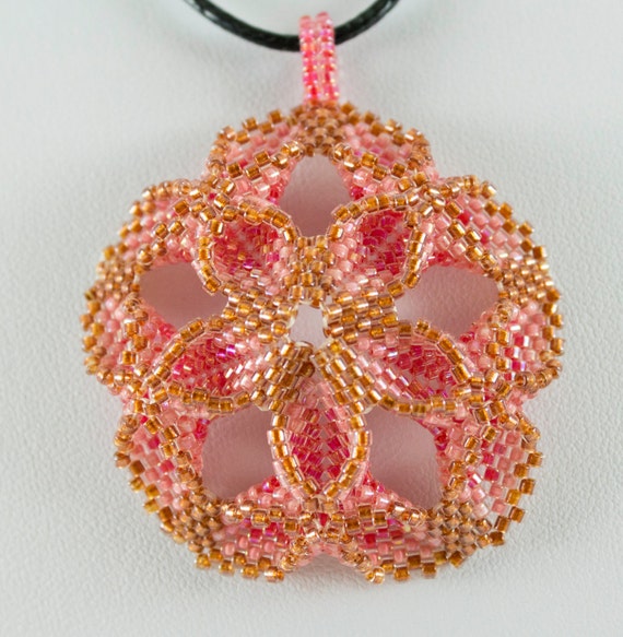 Items similar to Floral pendant. Handmade, beaded pendant. Rose color