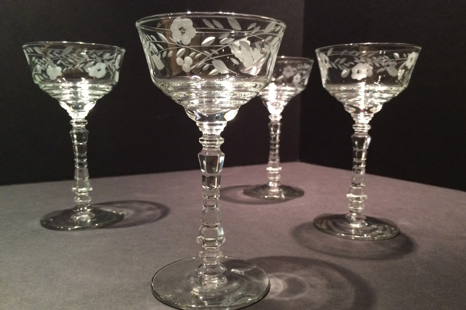 Vintage Libbey Rock Sharpe 3005 Etched Champage Coupe Glasses.