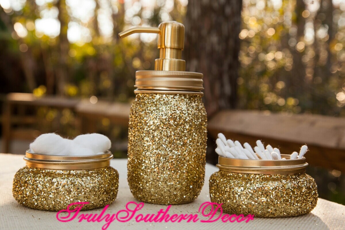 Gold glitter bathroom set. One pint jar soap dispenser and two