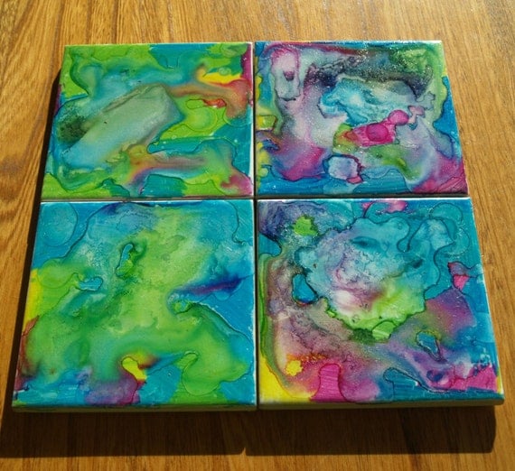 Water Colour Tile Coasters-Set of 4 handpainted watercolour effect tile coasters.Perfect gift for Birthday,House Warming,Mothers Day