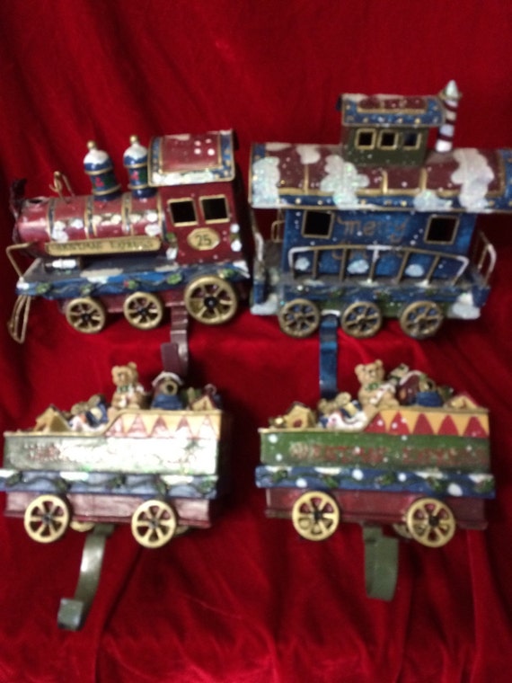 Metal Train Christmas Express 4 Piece Stocking Holders