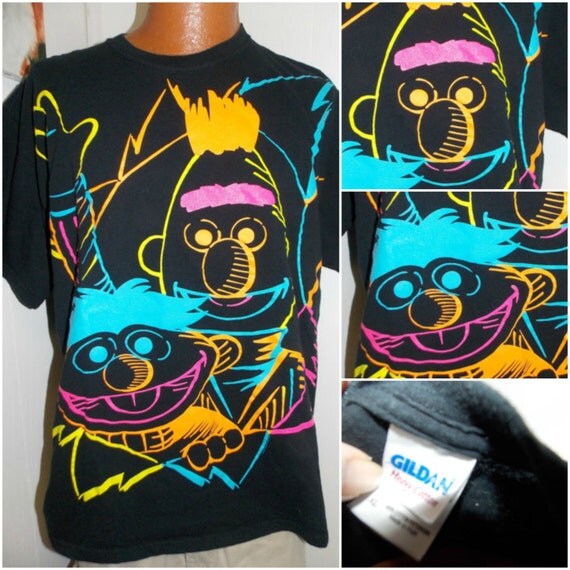 Sesame Street Burt & Ernie Neon Adult T Shirt Size XL