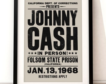 Johnny Cash concert poster, Johnny Cash art print, music inspired print, typographic print, Folsom Prison, Johnny Cash print