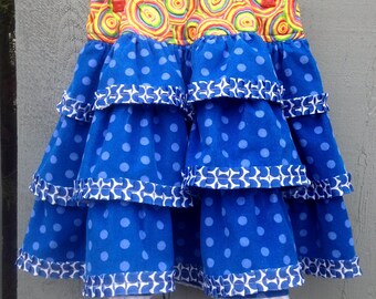 Girl's Corduroy Skirt, Size 8, Handmade, Blue Dotted Pinwale Corduroy, Pleated Ribbon Trim, Colorful Waist Section. Full Elastic, all Cotton