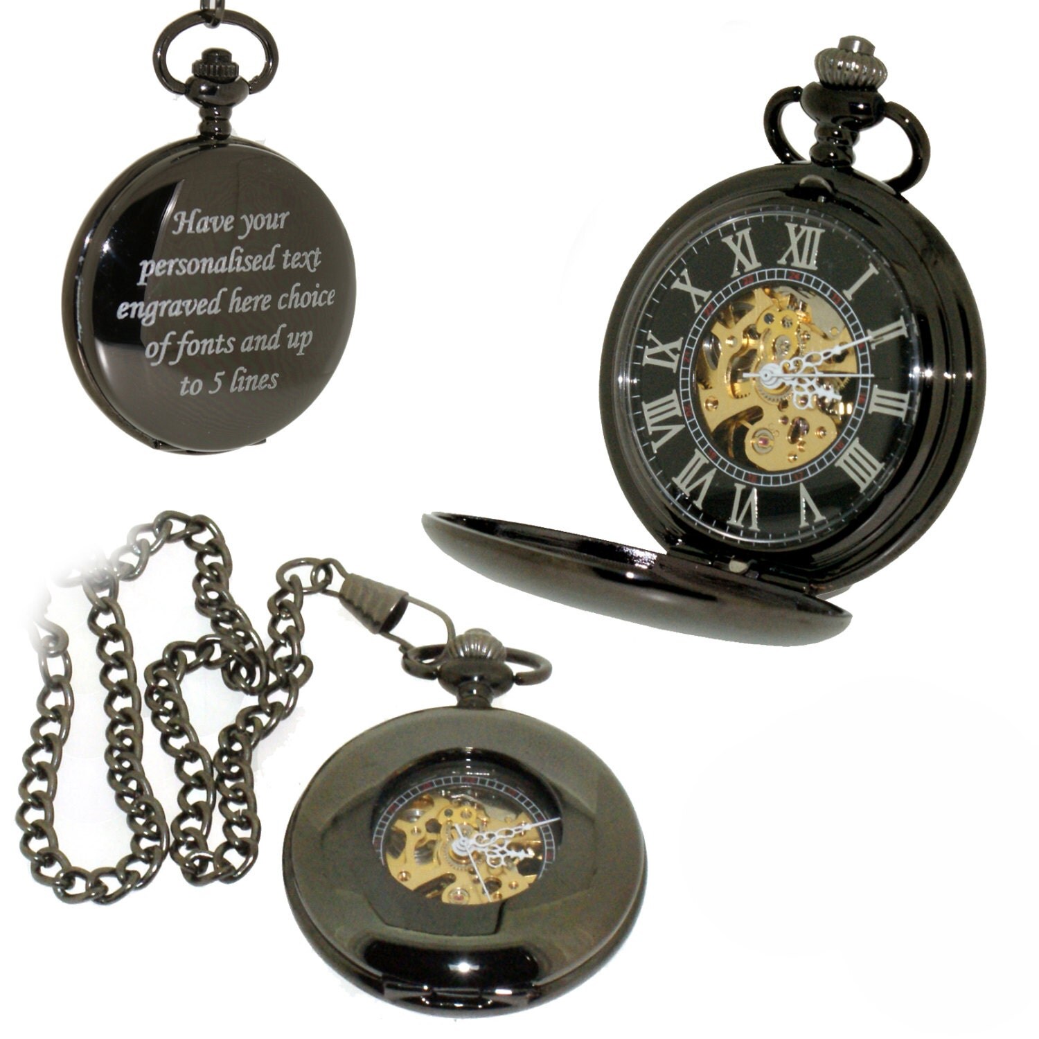 Black Personalised Skeleton Pocket Watch Custom by