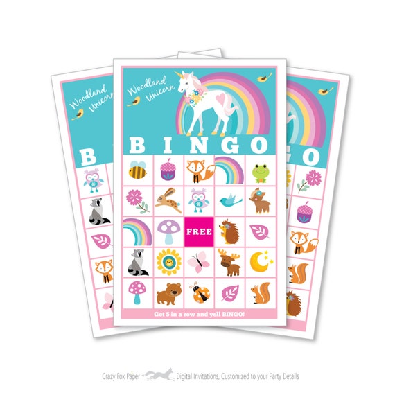 Woodland Unicorn BINGO Game - Kid's Printable Bingo Game - Bingo Game for Kids - Woodland Animals and Unicorn Instant Download
