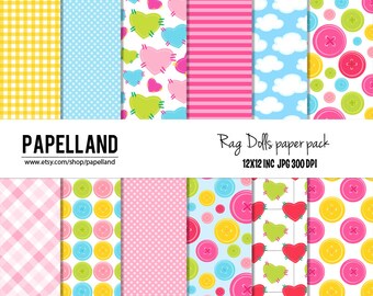Paquete de muñecas de papel digital, Lalaloopsy, botones, corazones cosidos para scrapbooking, hacer tarjetas, etiquetas e invitaciones de trapo / instantánea descargar